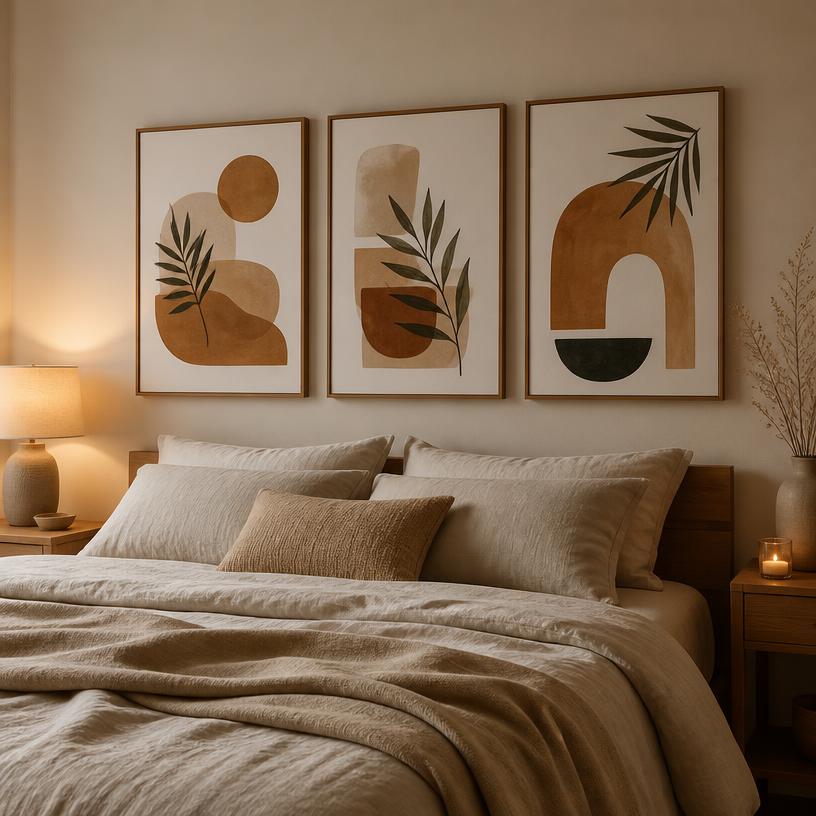 Three boho abstract printable art prints above a bed