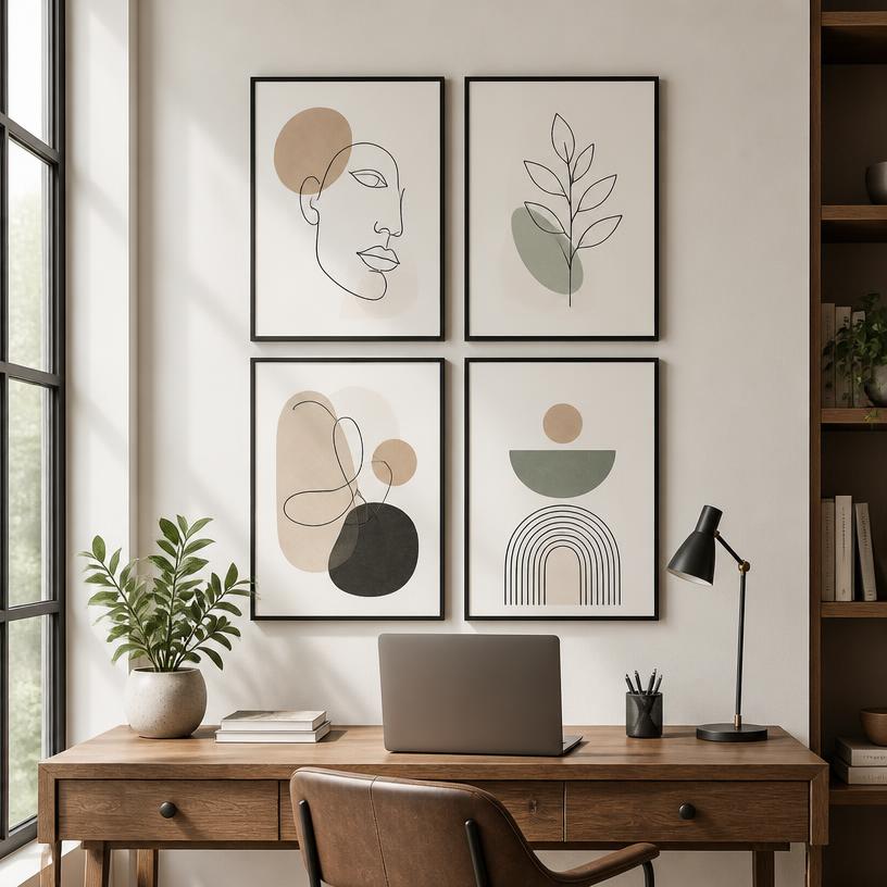 Four minimal line-art posters above a wooden work desk