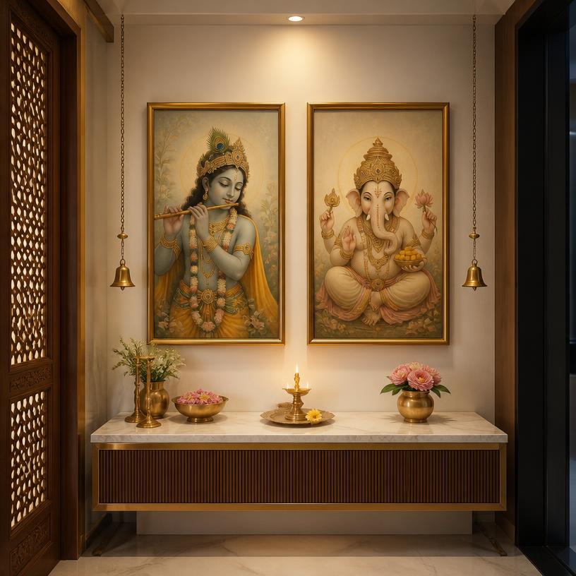 Framed Krishna and Ganesha printable art in a pooja room entryway