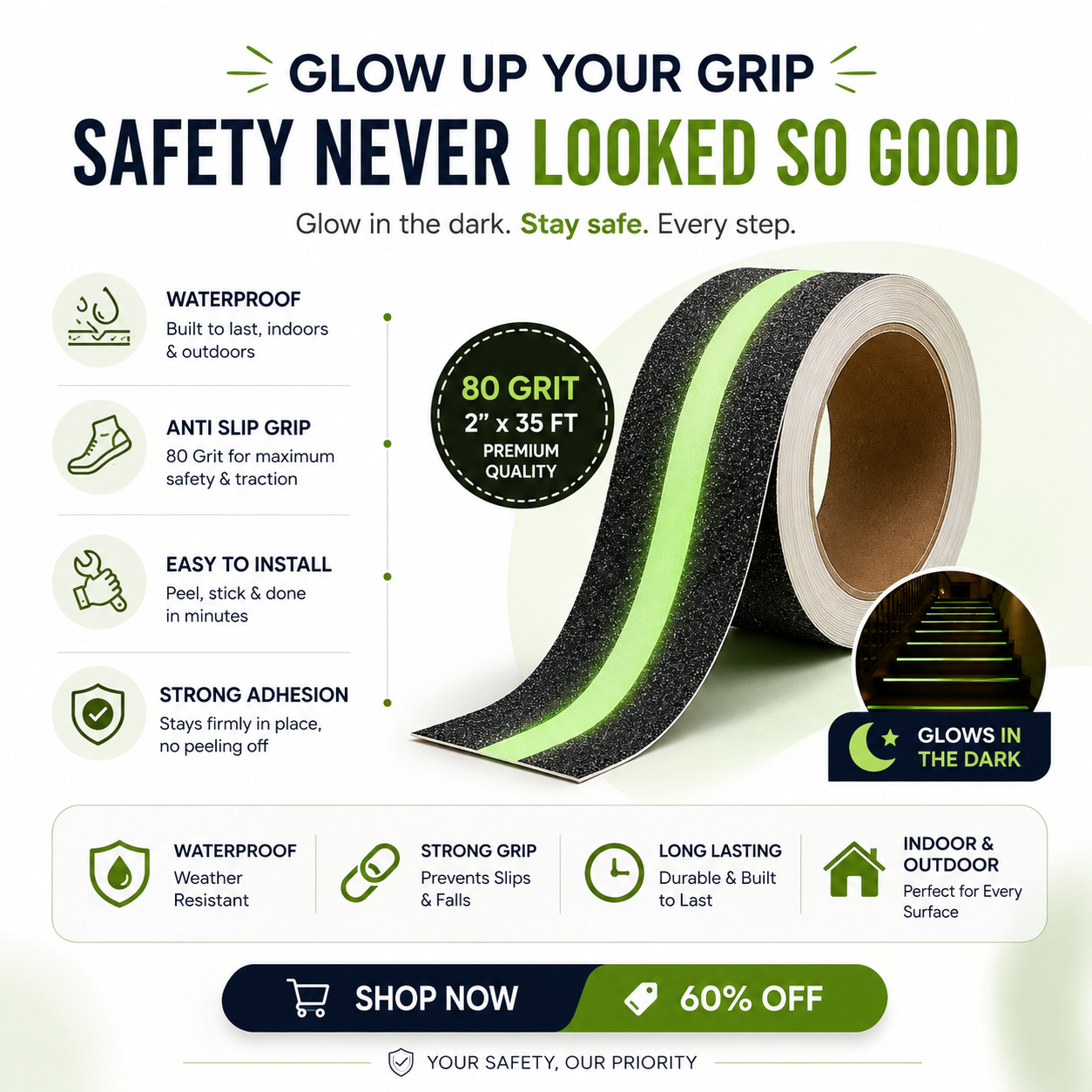 Never Slip Again—Even in Complete Darkness Protect Your Family with Glow-in-the-Dark Anti-Skid Safety Tape