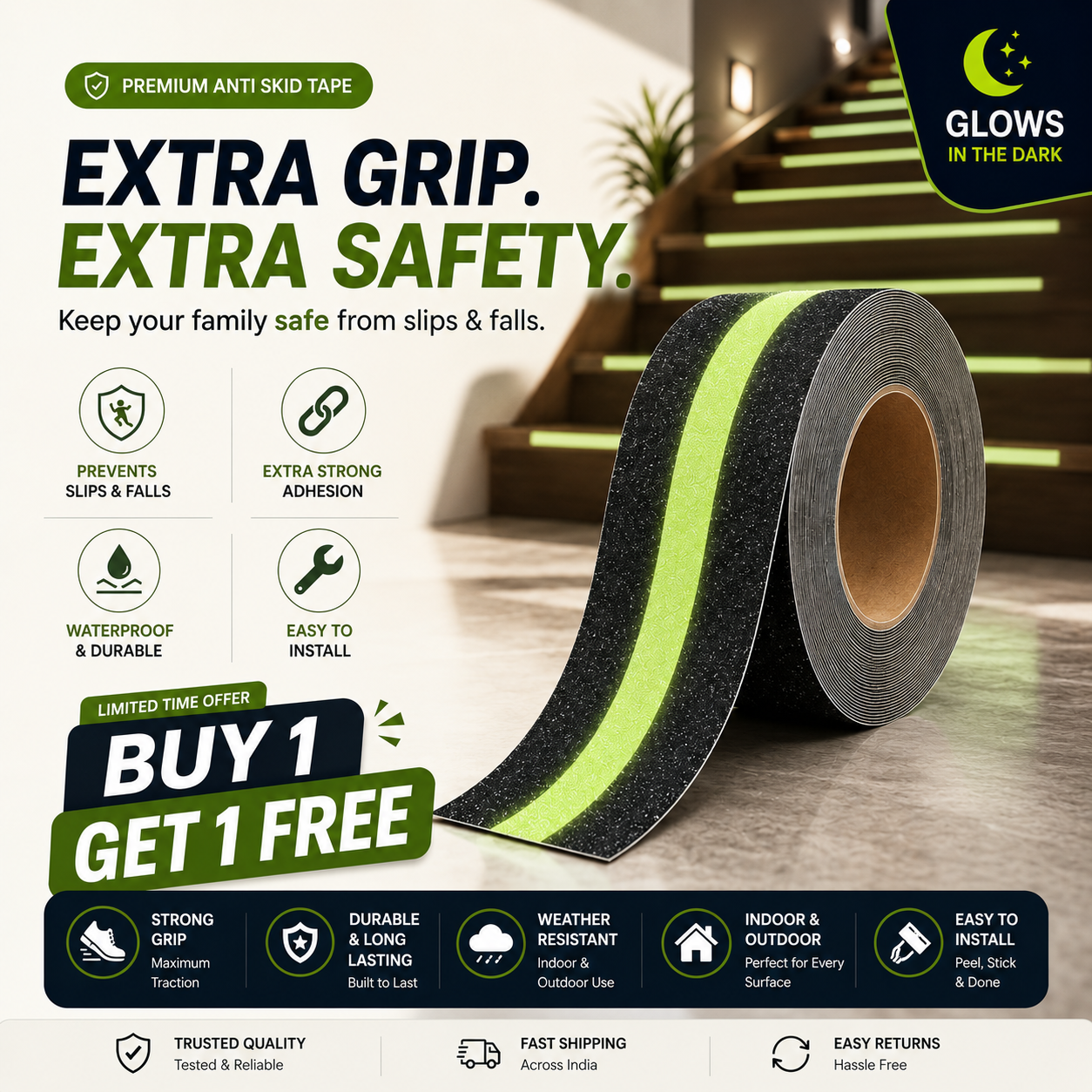 Never Slip Again—Even in Complete Darkness Protect Your Family with Glow-in-the-Dark Anti-Skid Safety Tape